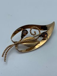 Vintage Signed Van Dell 1/20 12KGF Leaf Brooch With Amber Colored Rhinestones, 2 Inches, 3.5g