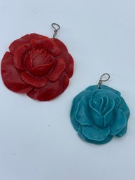 Blue And Red Flower Pendants Largest Measures 1 3/4 Inch, Rose Charms
