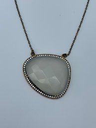 Sterling Silver Necklace With Cut Quartz Stone And Clear Stone Border, Marked 925 , 18 Inches