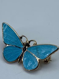 Light Blue Butterfly Enamel Lapel Pin, Gold Toned Setting, 1 Inch