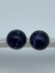 Sterling Post Earrings With Polished Deep Blue Stone , Marked Sterling, 1/2 Inch, 3.1g