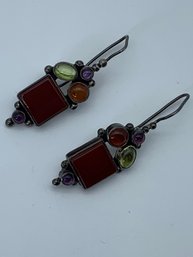 Vintage Multi Stone Sterling Silver Earrings, Latch Hook Posts, Marked JGD 925, 1.5 Inches, 7.3g