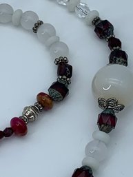 Burgundy, White And Silver Toned Beaded Necklace With S Hook Clasp, 27 Inches