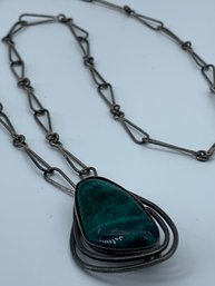 Unique Sterling Silver Chain With Pendant/pin, Green Stone, Made In Israel 925, 24 Inch Chain