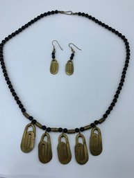 Artisan Brutalist Vintage Brass And Black Beaded Necklace And Pendant Earrings, 24 Inch Necklace