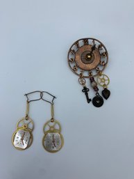 Handmade Artisan Watch Parts Jewelry Set, Earrings And Pin