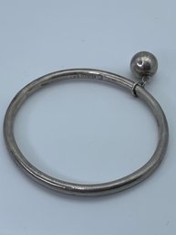 Sterling Silver Bangle Bracelet With Dangle Ball Charm, Made In Mexico, 925, 2.5 Inch Wrist Width