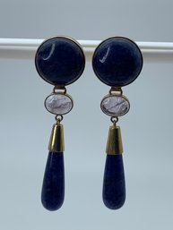 Sterling Silver Lapis Lazuli And Light Amethyst Dangle Pendant Post Back Earrings, Marked 925, 2 Inches, 9.4g