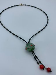 Art Glass And Beaded Necklace, 18 Inch Necklace, Fixed Bolo Style