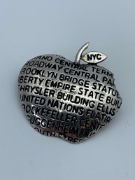 Big Apple NYC Sterling Silver Pin, Apple With Names Of Popular NYC Landmarks, Tourist Spots, 1 Inch