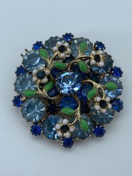 Vintage Blue Floral And Leaf Pattern Rhinestone And Enamel Brooch / Pin, 1.5 Inches