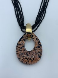 Signed Tagliapietra Murano Glass Pendant With Bronze Glitter Sparkle & Black Beaded Necklace, 19 Inches Long