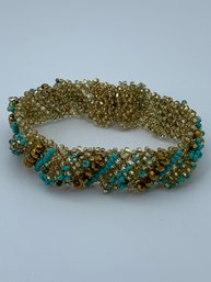 Turquoise And Faceted Gold Glass Beaded Bracelet With Magnetic Clasp, 7 Inches