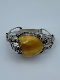 Large Butterscotch/Egg Yolk Baltic Amber Sterling Silver Cuff Bracelet With Floral Pattern, Marked 925, 47.3g