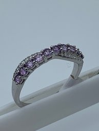 New Bomb Party Sterling Silver Ring, Overlapping Rows Of Purple And White Stones, Marked 925, Size 8, 2.2g