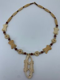 Carved Ivory Tribal Beaded Necklace, Lizards, Frogs, Bone, 24 Inches Long