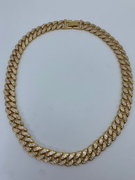 Gold Toned Curb Chain Links Encrusted With Small Clear Stones, 19 Inches