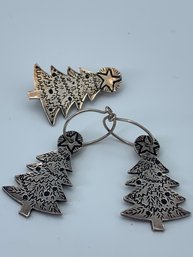Sterling Silver Christmas Tree Earrings And Pin Set, Trees Are 1.25 Inches, Total Weight Of Set 9.3g
