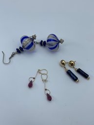 Pretty Art Glass And Bead Pendant Dangle Earring Lot, Gold Toned And Silver Toned
