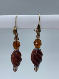 Gold Sandstone And Faceted Crystal Bead Pendant Pierced Earrings, 1.75 Inches