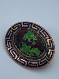 Antique Lapel Pin With Unique Green And Deep Red Marbled Stone And Blue Enamel Patterned Border, Gold Toned