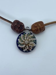 Carved Two-sided Face Beads And Art Glass Pendant On Leather Necklace, 16 Inches