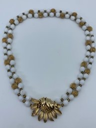 Crown Trifari White Glass Bead Two-strand Collar Necklace With Gold Toned Spacers & Sunflower Clasp, 15 Inches