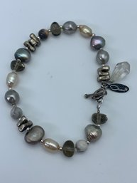 Baroque Toggle Clasp Pearl Beaded Bracelet With Tag, Signed Oscar, 8 Inches