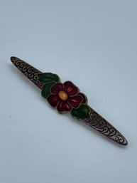 Antique Brass Toned Brooch With Enameled Flower And Scrolling Design, 2.5 Inches