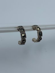 Cute Pair Of Sterling Silver Half Hoop Post Earrings With Large Square & Round Marcasites, 1/2 Inch, 1.8g