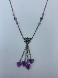 Sterling Silver And Amethyst Marcasite Bow Necklace , Hanging Heart Pendants, Marked 925 FAS, 16 Inches, 7.1g