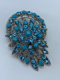 Darling Cinderella Blue Rhinestone Pendant Brooch, Silver Toned Setting,  2.5 Inches Long