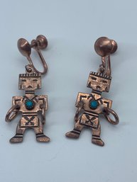 Small Copper Double-sided Warrior Figures With Turquoise Stone Screw Back Earrings, 1 Inch