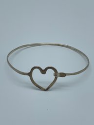 Thin Flexible Unmarked Sterling Silver Bangle, Hook Latch Through Open Heart, Wrist Width 2.25 Inches, 3.7g