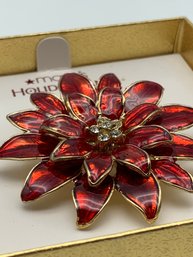 Macy's Holiday Lane Red Enamel Poinsettia Brooch With Original Box,  Pin Measures 2 Inches