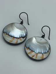 Unique Silver Mother Of Pearl Disc Pierced Earrings Marked 925,  1.25 Inches,  15g