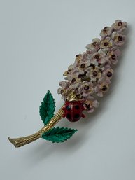 1970s Vintage Enamel Flower Pin With Ladybug And Small Rhinestones, 2.25 Inches