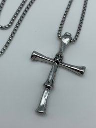 Skull & Bones Cross Pendant With Chain,  Silver Toned, Necklace Is 26 Inches