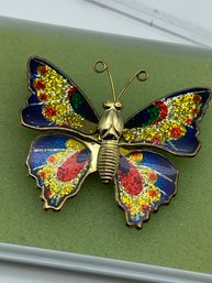 Gold Toned Vintage 1980s Multicolor Sparkling Wing Butterfly Pin In Case, 1.75 Inch.