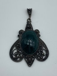 Carved Jade Scarab Beetle, Egyptian Style, Silver Pendant, Antique 2 Inch, 10g