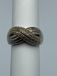 Silver Bypass Design Ring With Small Diamonds, Marked 925, Size 7.25, 6g