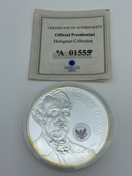 American Mint Official Presidential Hologram Abraham Lincoln Collection Proof Coin, Silver Plated, 50mm, 54g