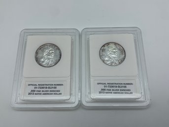 Two .999 Fine Silver Enriched 2013 Native American Dollars, Registered, In Plastic Cases