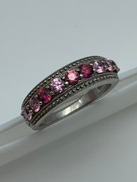 Pink And Purple Motif Pave Set Stones In Sterling Silver Band, Ring Marked 925, Size 7, 5g