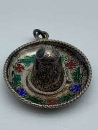 Decorated Silver And Red, Green And Blue Enamel Sombrero/cowboy Hat Charm, Marked Mexico, 925, 1.25 Inches, 5g