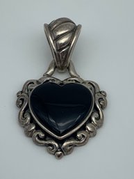 Pretty Onyx Heart Pendant  With Scrolling Pattern Silver Setting, Marked 925 Thailand, 1.5 Inches, 7.2g