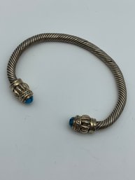 Silver Cable Cuff Bracelet With Turquoise Caps, Marked 925, Wrist Width 2.5 Inches, 35g