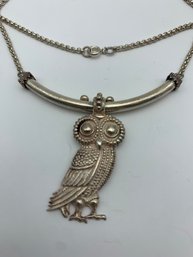 Large Owl Of Athena Sterling Silver Pendant With Bar On Necklace, 16 Inches, Marked 925 , 21g