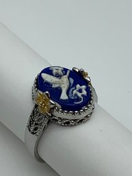 Ornate Blue Cameo Silver Ring With Hummingbird And Gold Wash Flowers, Marked S925, Size 9.5, 4.6g