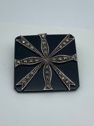 Vintage Large Onyx Square With Silver And Marcasite Embellishment, Brooch Or Pendant, 1.25 Inches, 12.5g